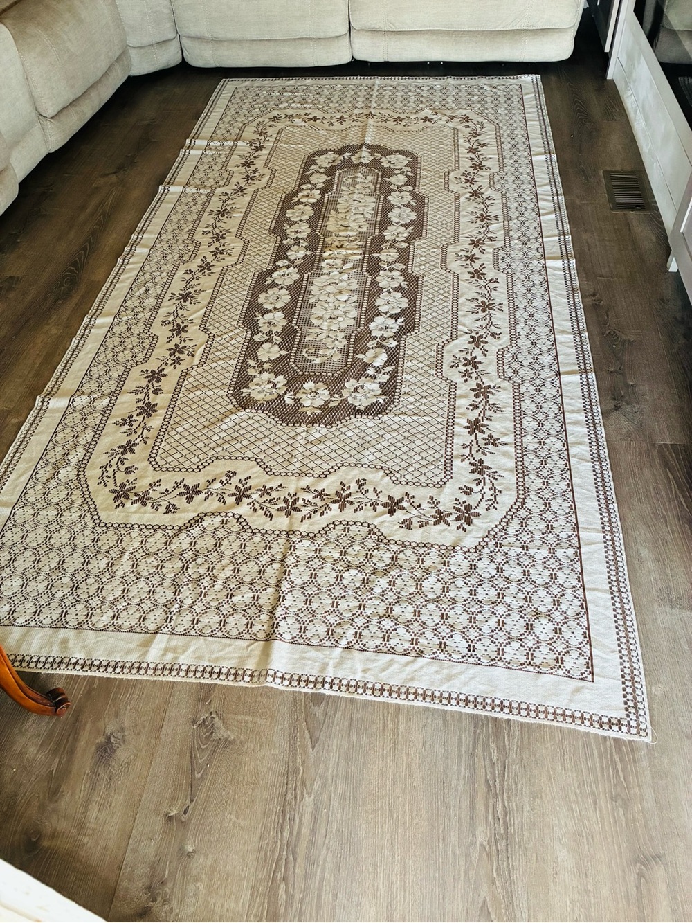 Vintage 1970s Artex Cream Lace Tablecloth - Floral Medallion Rectangle 11ftX 5